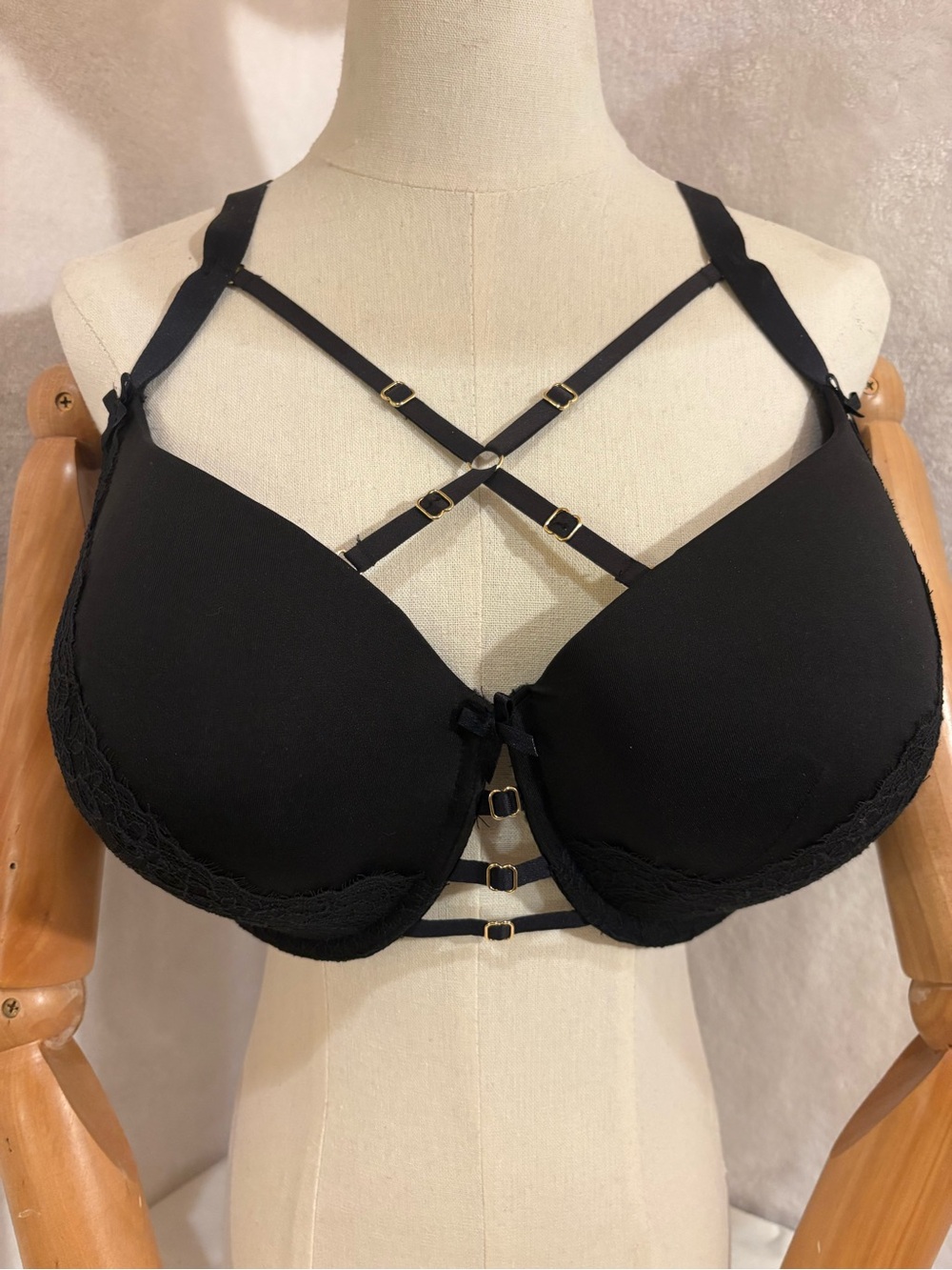 Cacique Black Strappy Lace-Trim Gold Accents Bra Boost Balconnette